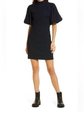 SCOTCH & SODA XS Navy Blue Textured Voluminous Sleeve Dress